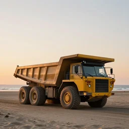a mining dump truck chilling on the beach, sunset
