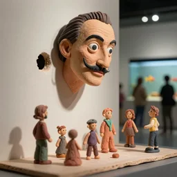 plasticine model of stop motion salvador dali. figures clay. minimal. tilt shift. fish tank. gallery. visitors. photorealistic. john craxton. small hole in wall