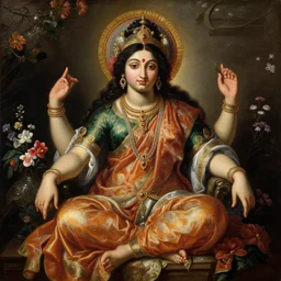 Baroque portrait of a Indian goddess surrounded by flowers. Highly detailed, anatomically correct, dramatic lighting, fashion, oil on canvas