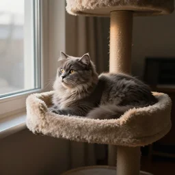 “ fluffy grey cat lying on cat bed turning head to look out the window, lying on cat tree, cozy living room, warm, cotton, dramatic lighting, extremely high quality, leica m - a, lux 3 5 fle, portra 8 0 0 ”