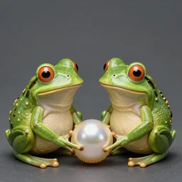 “two frogs holding a pearl in a ring”