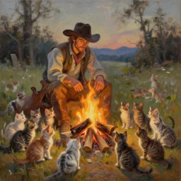 an oil painting of a cowboy by a campfire with dozens of kittens around
