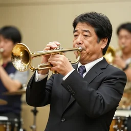 middle aged japanese man in a suit and tie playing the trumpet in a ska band