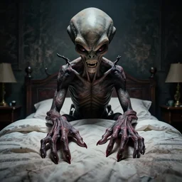 a demonic angry alien with long fingers at the foot of the bed, beksinski, dariusz zawadzki, symmetrical, very coherent symmetrical artwork, cinematic, hyper realism, high detail, octane render, 8 k