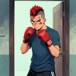 a young man of 2 5 years old, with a bruised face and bruises, is standing in a doorway in a boxer's stance, casual clothing style, hairstyle red mohawk, draw style, cold colors, comics style, angry 8 k