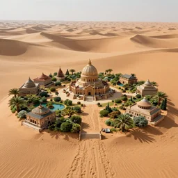 The spiritual village of a lost civilization built in the lush oasis of a seemingly infinite sand desert, concept art, game art, trending on art station