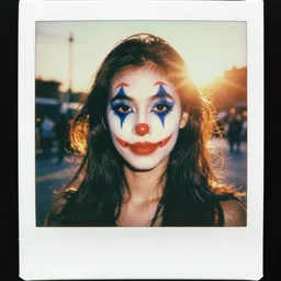 a polaroid portrait of a beautiful woman wearing clown makeup, lit from behind, sunshine, golden hour, heavy film grain, color bleed