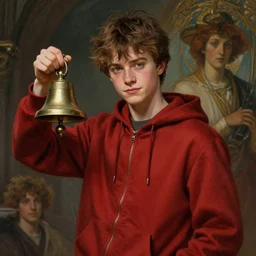 a preppy magic student boy wearing a red hoodie, holding a bell, d & d, fantasy, intricate, cinematic lighting, highly detailed, digital painting, artstation, concept art, smooth, sharp focus, illustration, art by artgerm and greg rutkowski and alphonse mucha