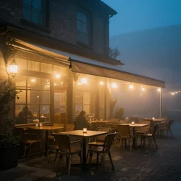 An outdoor cafe on a foggy night