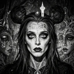 a magick night at disneyland with crowley, black and white, perfect eyes, detailed faces, outsider art, esoteric art,