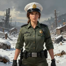 A comic book style portrait painting of a female sheriff in a a post apocalyptic winter landscape, unreal 5, DAZ, hyperrealistic, octane render, RPG portrait, ambient light, dynamic lighting