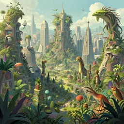 digital art of a futuristic city intertwined with various plant specie sand teeming with all sorts of forms of life, in the style of greg rutkowski and vladimir kush