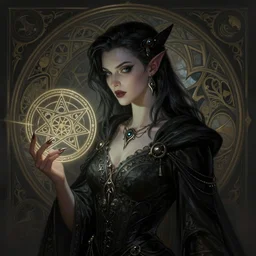 Necromancer Sorceress goddess of death, fantasy pentagram magic, undercut hairstyle, dark light night, intricate, elegant, sharp focus, illustration, highly detailed, digital painting, concept art, matte, art by WLOP and Artgerm and Greg Rutkowski and Alphonse Mucha, masterpiece