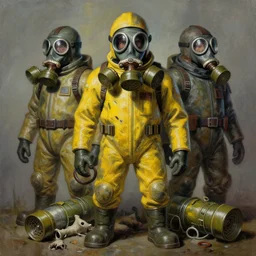 grim oil painting of gas masks and protective suits, poisoned deadly yellow gas, human remains, octane rendering, trending on artstation, studio ghibli, michael whealan and james gurney