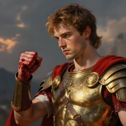 Sam Hyde as a Roman warrior wearing gold and red armor, elegant suit, looking at bloody fist, portrait art by Claude Monet, highly detailed, digital painting, concept art, illustration, dim lighting with twilight rays of sunlight, trending on artstation, very detailed, smooth, sharp focus, octane render, close up