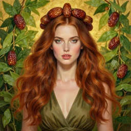 epic painting drawing, full figure portrait of beautiful supermodel face poses wearing olive dress, long brown red wavy hair, green tea leaves background with sweet dried dates fruits, medjool dates, dried dates crown, photography by amy leibowitz, wlop, jeremy lipkin, beeple, intricate, symmetrical front portrait, artgerm, golden glowing background