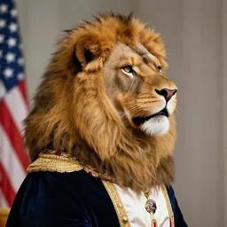 official side portrait of united states president, he resembles a lion, in royal attire, 1 8 2 9, a character portrait by cassius marcellus coolidge, reddit contest winner, american romanticism, oil on canvas, detailed painting, creative commons attribution