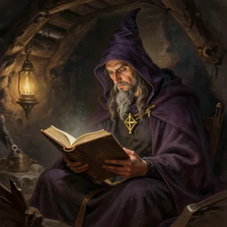 Fantasy painting of a wizard reading a book in his basement, digital art, highly detailed, 4K, ArtStation