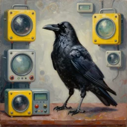 a raven using 8 0 s era technology, vintage shapes, retro technology, pantone color, wayne barlow, oil on canvas, deep depth of field, masterpiece, cinematic composition, hyperdetailed