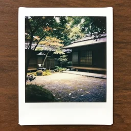 atmospheric polaroid photograph of summer japanese courtyard