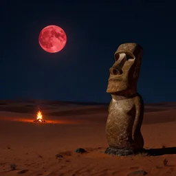 astronaut moai with the he arizona desert at night, a single camp fire in the far, big red moon in the sky. Scenic view at night, underexposed, clean horizon, matte painting by Craig mullins and Anato_Finnstark, concept art trending on artstation, 4k, insane details by Albert Briesdtadt