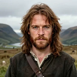 Sam Heughan as Jamie Fraser, caricature portrait exaggerated by Sebastian Krüger and Bruno Tesse trending on artstation, hyperdetailed, funny , humor, perfect composition. Scotland background