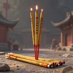 post design wenjun lin digital illustration of chinese burning joss sticks ， unreal engine, hyper realism, realistic shading, cinematic composition, realistic render, octane render, detailed textures, photorealistic, wide shot