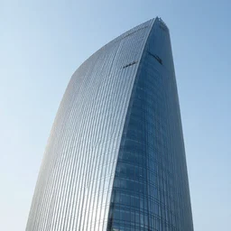 skyscraper with angled top, photorealistic, slick, smooth, modern, futuristic, glassy, reflective streamlined