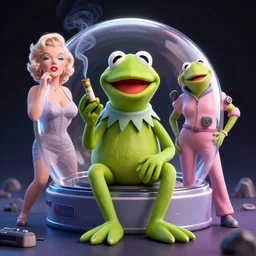 3 d render of kermit the frog in outer space smoking a joint with marilyn monroe, octane render