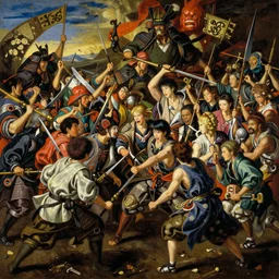 baroque oil painting of key visual large scale samurai battle, brutalist fantasy, rule of thirds golden ratio, fake detail, trending pixiv fanbox, acrylic palette knife, style of makoto shinkai ghibli takashi takeuchi yoshiyuki sadamoto jamie wyeth james gilleard greg rutkowski chiho aoshima