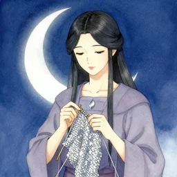 priestess of knitting and moonlight. watercolor and silver leaf by award - winning mangaka, gothic horror, romanticism, intricate details, depth of field, backlighting