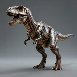 airbrushed rusted chrome demon t rex with machine body cube alex ross, simon bisley, kelly freas fine art masterpiece baked at 3 0 0 f, matte painting, cold lighting, aged with sunlight, award winning horror, photorealistic render, cinematic