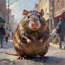 a giant sewer rat monster on a street, portrait, impressionist painting, digital painting, artstation, centered, by paul bonner