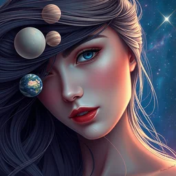 beautiful, young woman, detailed gorgeous face, flowing hair, vaporwave aesthetic, synthwave, space, and planets in her hair with shooting star and milky way, psychedelic, digital painting, artstation, concept art, smooth, sharp focus, illustration, art by artgerm and greg rutkowski and alphonse mucha
