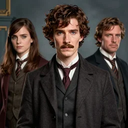 emma watson dressed as dr john watson, with moustache, long shot, sherlock bbc movie, intricate, cinematic lighting, digital painting, artstation, concept art, smooth, sharp focus, art by artgerm and greg rutkowski and disney, detailed textures, award winning portrait studio lighting by jessica rossier and brian froud and gaston bussiere