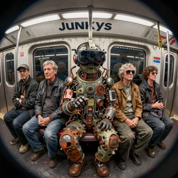 junkys in subway, cybertronic gadgets and vr helmet, durty colours, micro technology, rotten textures, rusty shapes, biotechnology, bao phan, tim hildebrandt, wayne barlow, bruce pennington, donato giancola, larry elmore, oil on canvas, fisheye objective, mid shot, masterpiece, trending on artstation, featured on pixiv, cinematic composition, hyper - detailed, hd, hdr, 4 k, 8 k