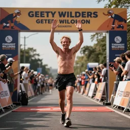 shirtless geert wilders walking marathon hands in the air finish line winning