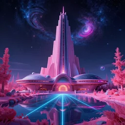 a beautiful detailed render of moot hall architecture by frank lloyd wright, cosmic neon signs myst sunlight universe retro tundra bladerunner 2 0 4 9 at night infrared laser lake elysian, archdaily, wallpaper, highly detailed, trending on artstation.