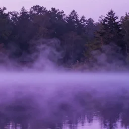 A lake covered in purple mist. Award-winning digital art; trending on ArtStation
