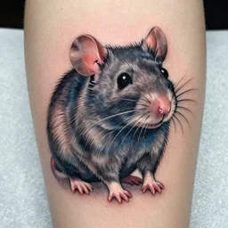 tattoo of a cute rat, black, blue gray, pink, and white ink, detailed, hyperrealistic trending on artstation