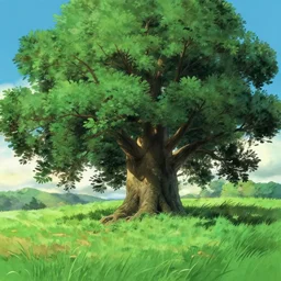 giant ash tree on grass landfield, traditional matte painting by pixar ghibli studio miyazaki ghibli