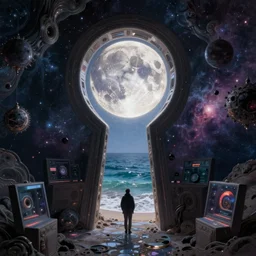 highly detailed, intricate beautifully stunning picture of a cosmic exhibition in the middle of a keyhole portal overlooking the ocean, stunning atmosphere, huge prismatic glowing moon, matte painting by Dan Mumford, Dan Witz and Dan Seagrave