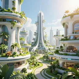 A utopian futuristic Filipino city with green plants and flowing white buildings, brightly lit by the sun. Beautiful lighting, highly detailed digital art, trending on artstation