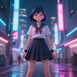 digital anime art, award winning render, high school girl standing in a futuristic city , neon lights create a colorful rim around her. 40mm lense, gaussian blur