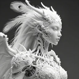 hg giger, 1 5 0 mm, beautiful young porcelain intricate bio - mechanical vegetal - dragon - cyborg - female, white metallic armour, elegant, octane render, fine mandelbrot fractal lace, roots, hyper real, white peacock feathers, bw close - up profile face, soft rim light, ultra detailed, 1 6 k
