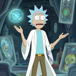 The Sapiential sage dreaming with magical reflections of knowledge lost in time ultra high quality in the style of Rick and Morty