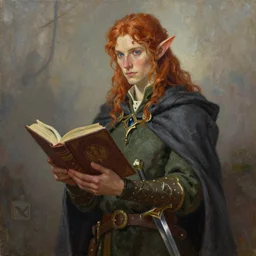 a fantasy elf that is a wizard, holding a spell book and a dagger, with red hair, blue eyes, and is tall, oil on canvas