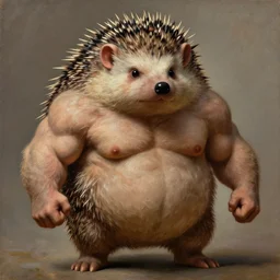 subject:  muscular barbarian dangerous angry oversized hedgehog anthropomorphic medium shot portrait, style:  very detailed heavy textured rembrandt oil painting with dramatic light , very sharp detail