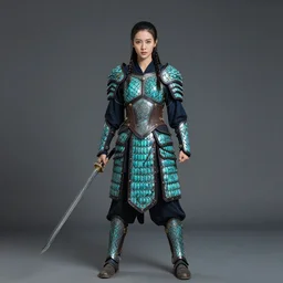 full shot photo of a female warrior with malachite armor