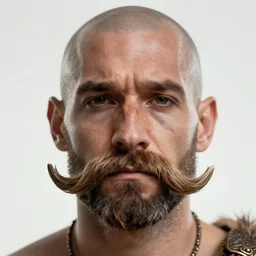 close up portray, fantasy barbarian, big horseshoe moustache. sad face expressen. shaved head, shaved face, trending on artstation, concept art